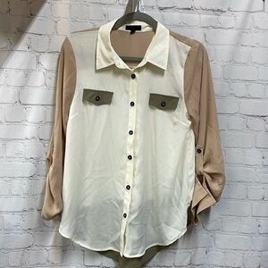 Edge button up color block roll up or down sleeves size medium blouse